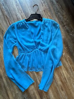 Abercrombie & Fitch Bright Blue Long-Sleeve Peplum Wrap Crop Top